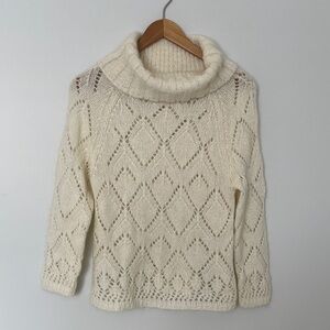 Shu Shu Cozy 100% Wool Cream Lace Knit Turtleneck Sweater, Small/Medium